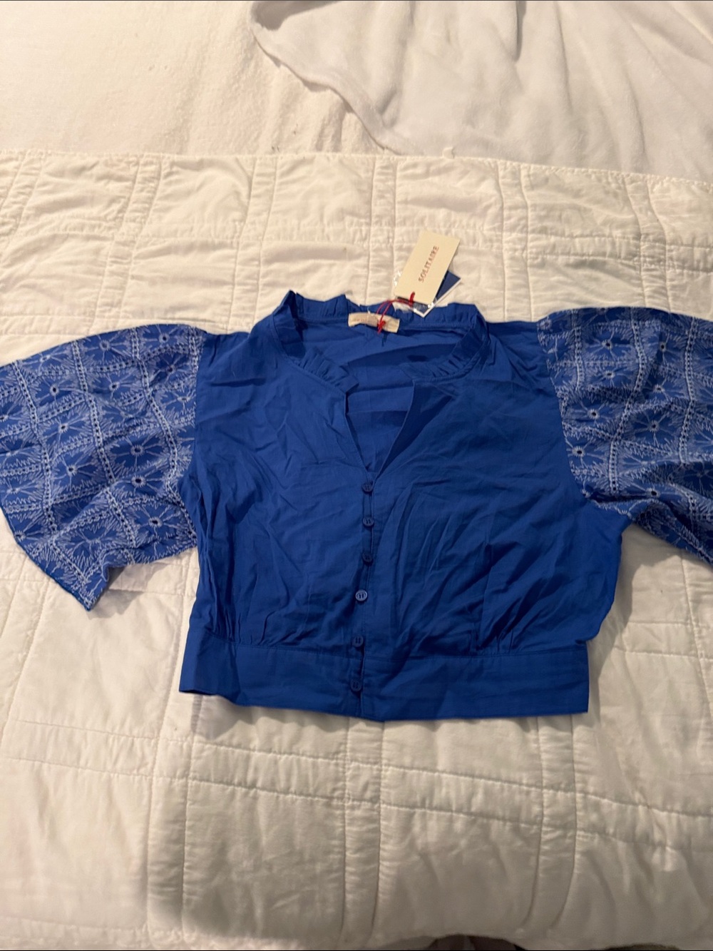 Royal Blue Button-Front cropped Blouse with Embroidered flower Balloon Sleeves